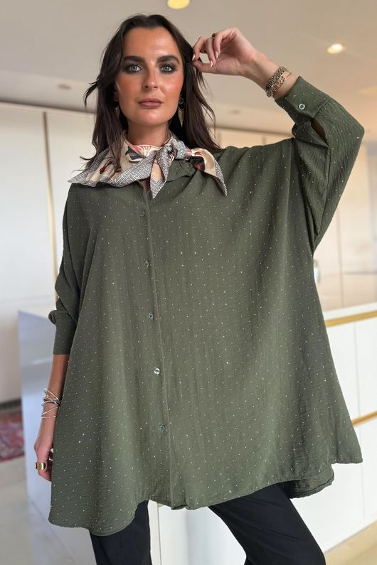 Stella Micro Stud Oversized Shirt Khaki